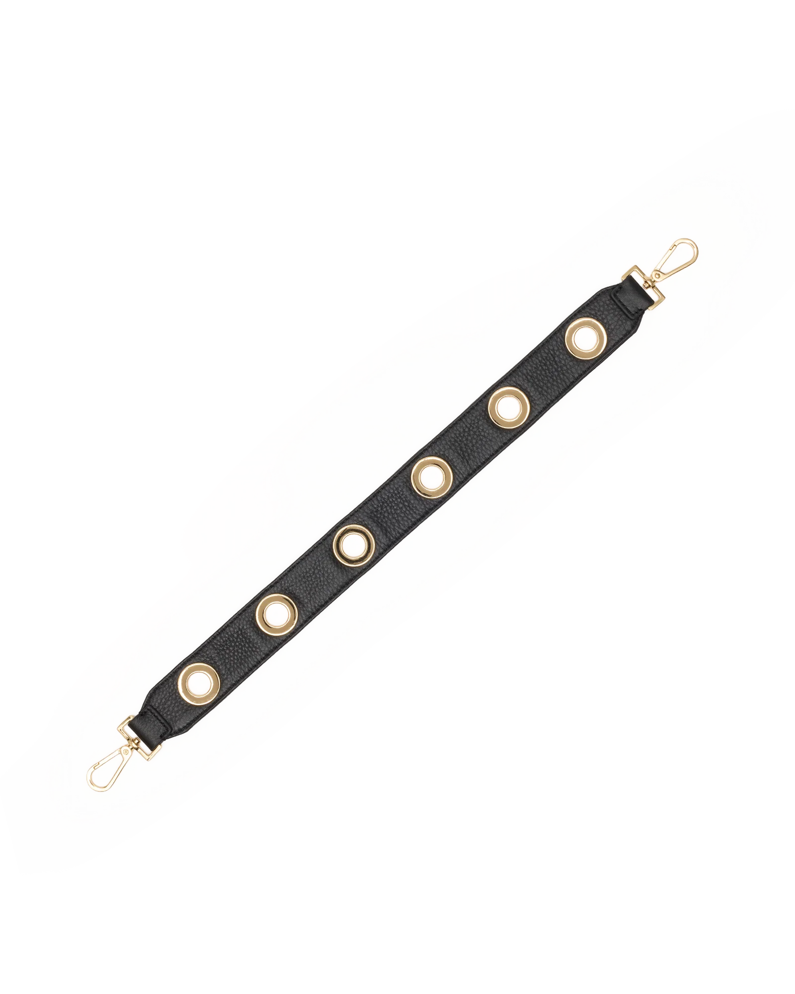 Hammitt black pebbled leather handbag strap with shiny gold grommet detailing, measuring 21 inches long.