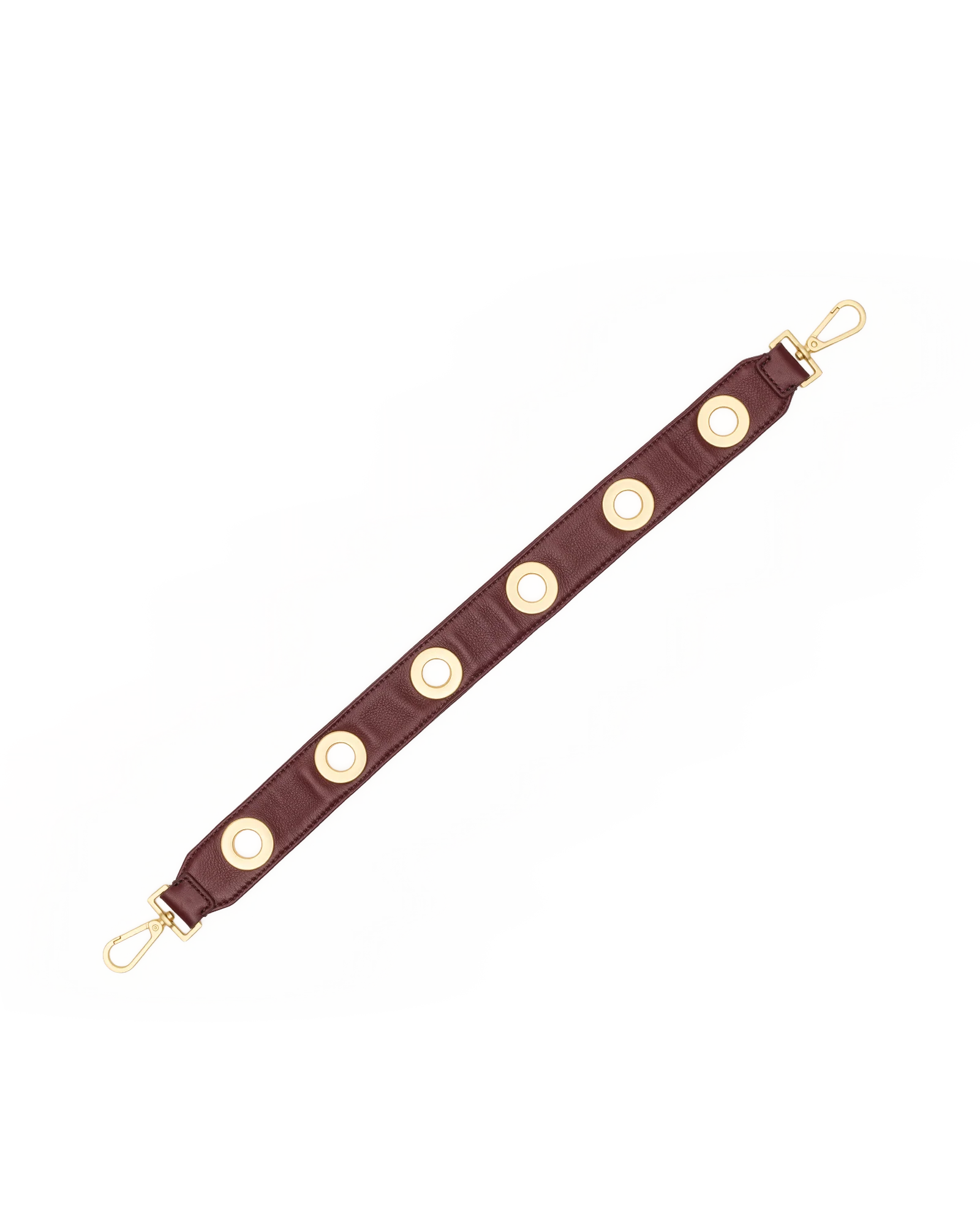Hammitt cherrywood oxblood red pebbled leather handbag strap with brushed gold grommet detailing.