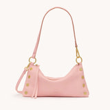 Hammitt Kyle Flamingo pink pebbled leather bag with gold hardware and strap.