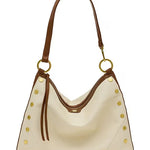 Cream and mahogany Hammitt handbag with antique gold hardware and spacious design.