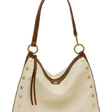 Cream and mahogany Hammitt handbag with antique gold hardware and spacious design.