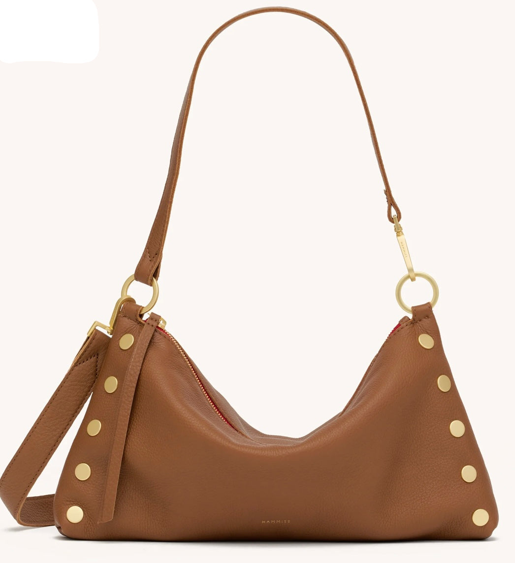 Hammitt Kyle Med Mahogany Pebble leather bag with brushed gold hardware and red twill lining.