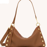 Hammitt Kyle Med Mahogany Pebble leather bag with brushed gold hardware and red twill lining.