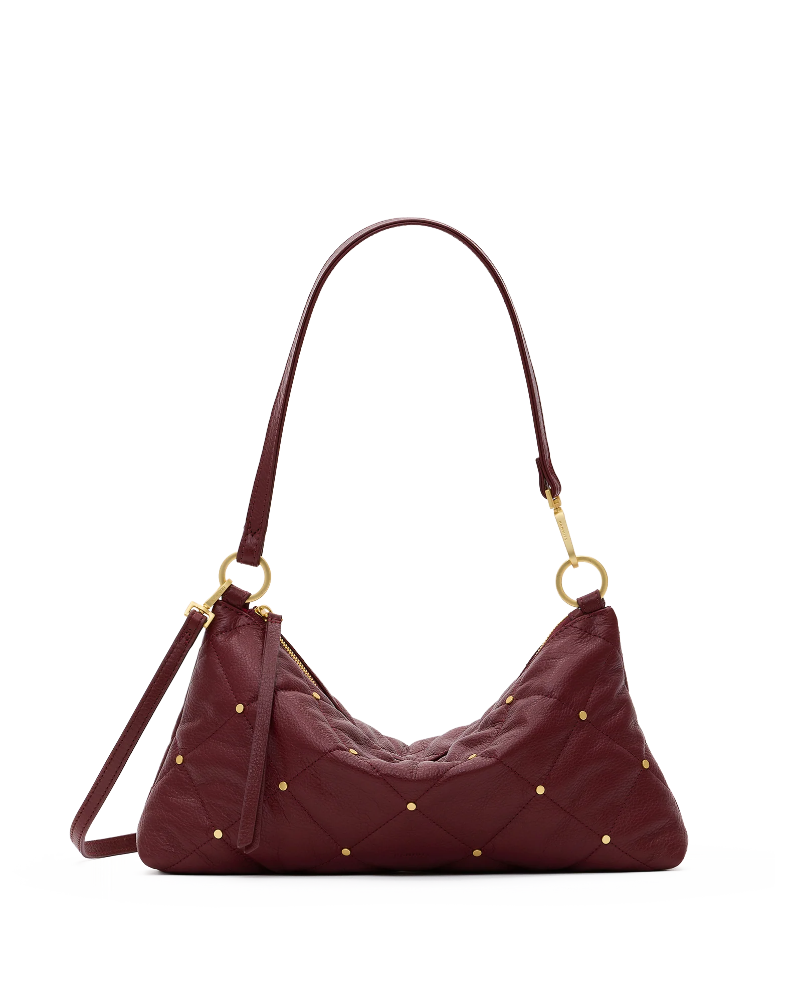 Hammitt Kyle Med cherrywood oxblood red quilted leather handbag with brushed gold hardware and adjustable crossbody strap.