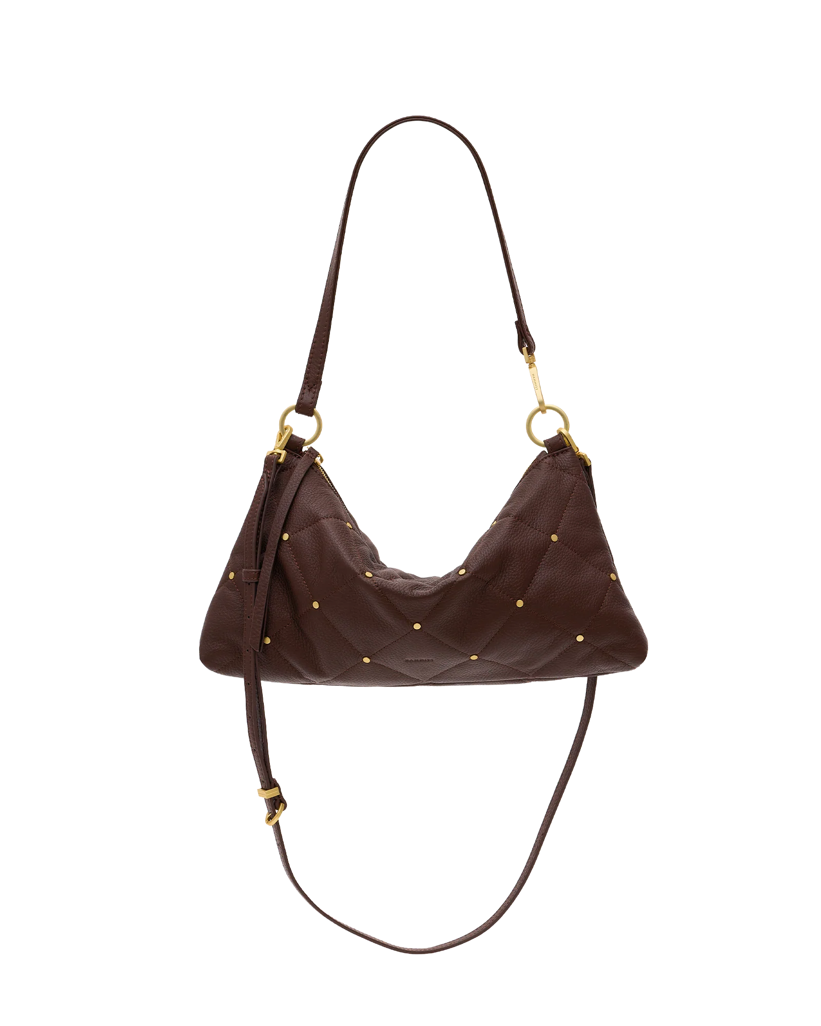 Hammitt Kyle Med espresso brown quilted leather handbag with brushed gold hardware and adjustable crossbody strap.