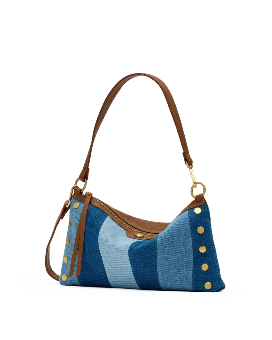 Hammitt Kyle Medium handbag with mixed denim, mahogany leather trim, and antique gold hardware.