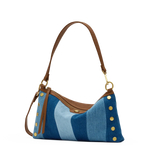 Hammitt Kyle Medium handbag with mixed denim, mahogany leather trim, and antique gold hardware.