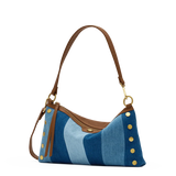 Hammitt Kyle Medium handbag with mixed denim, mahogany leather trim, and antique gold hardware.
