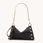 Hammitt Black glossy Hammitt Kyle Revival bag with mixed-metal chain strap and red cotton twill lining.