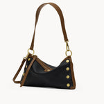 Black and mahogany Hammitt Kyle leather handbag with antique gold hardware and adjustable crossbody strap.
