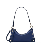 Hammitt Kyle denim blue leather handbag with navy panels, silver hardware, and adjustable strap.