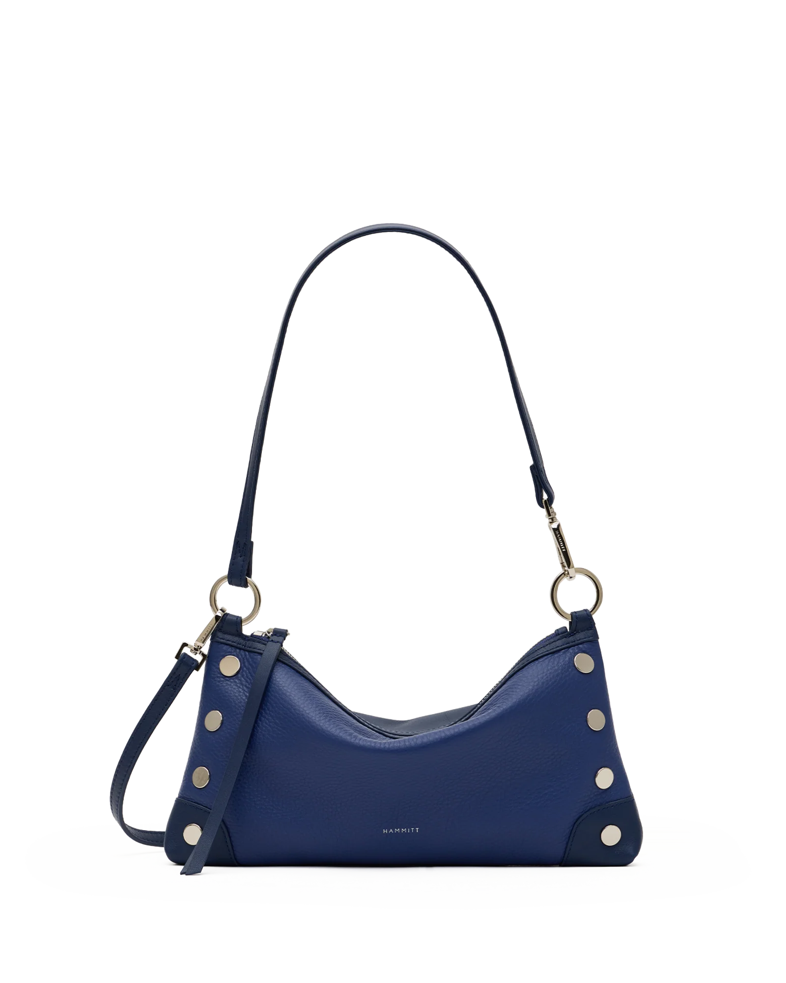 Hammitt Kyle denim blue leather handbag with navy panels, silver hardware, and adjustable strap.