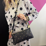 Hammitt Kyle Starlight black pebbled leather handbag with mini rivets and brushed gold hardware.