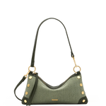 Hammitt Kyle Twin Crest green woven handbag with leather panels and brushed gold hardware.
