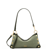 Hammitt Kyle Twin Crest green woven handbag with leather panels and brushed gold hardware.