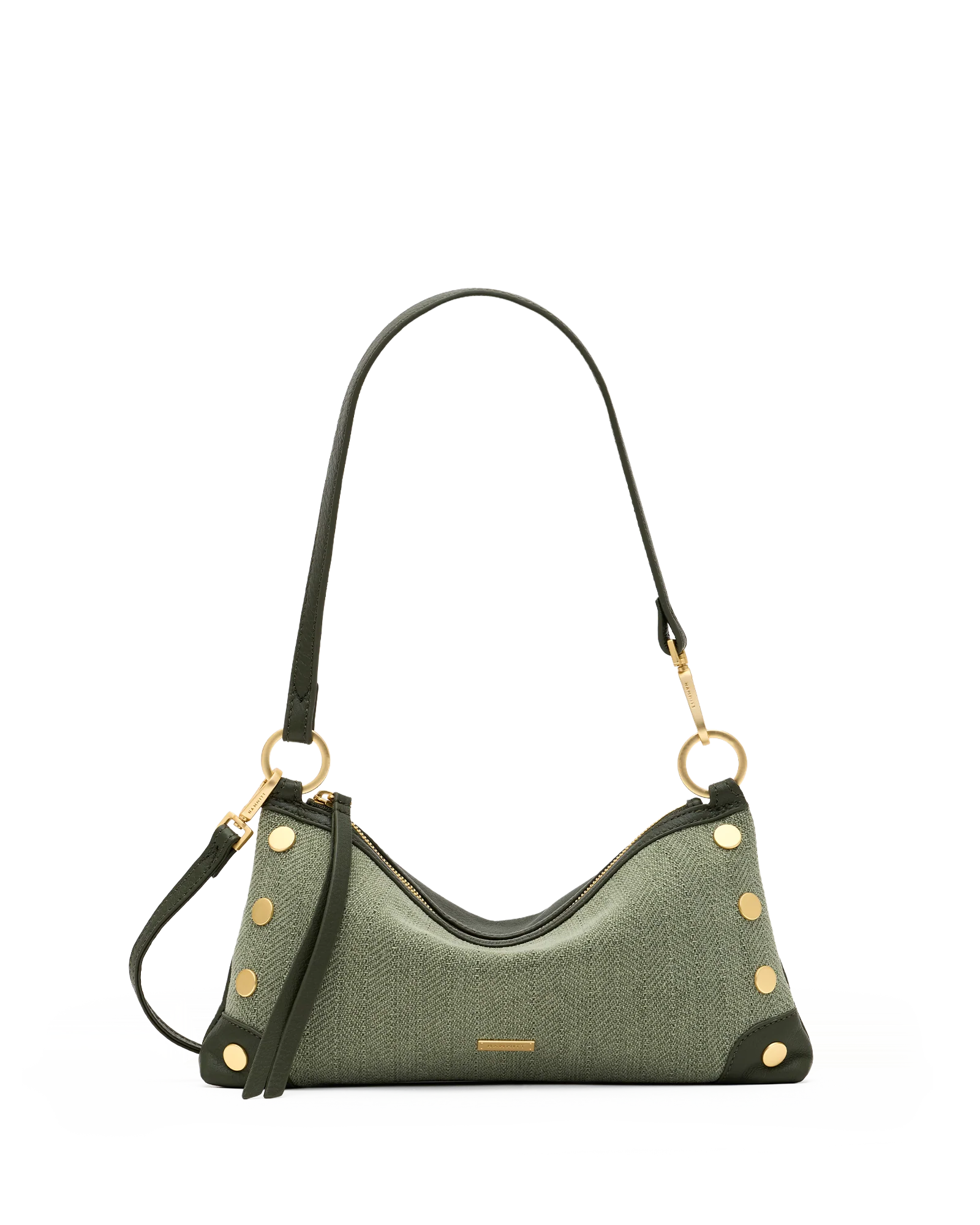 Hammitt Kyle Twin Crest green woven handbag with leather panels and brushed gold hardware.