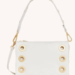 Hammitt White pebbled Montana Small Clutch with brushed gold hardware and red suede lining.