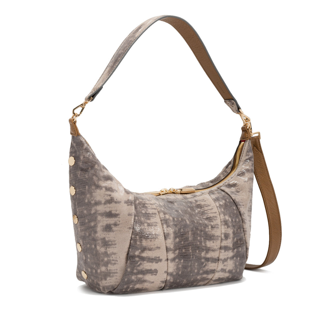 Metallic taupe spotted leather shoulder bag with gold hardware and wide strap