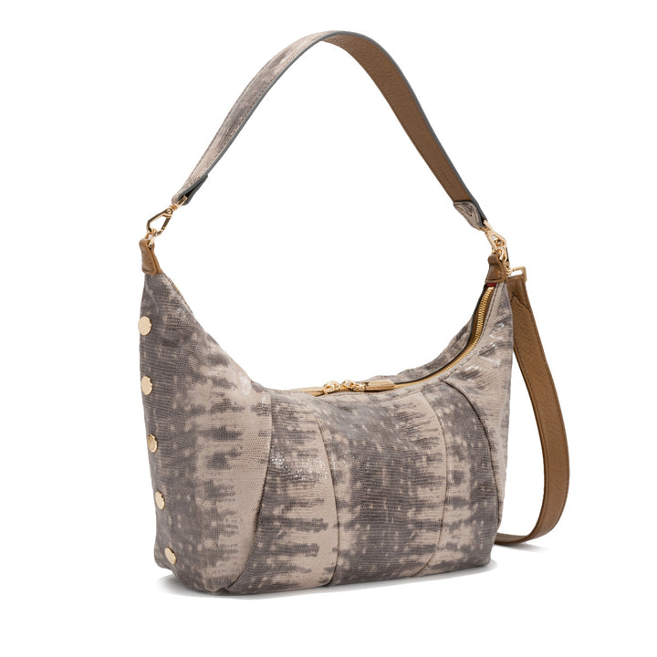 Metallic taupe spotted leather shoulder bag with gold hardware and wide strap