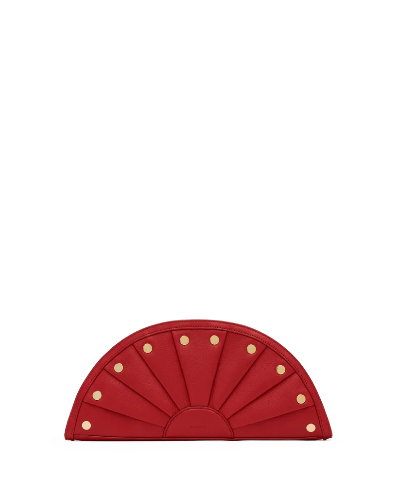 Chili red Hammitt Shelley leather clutch with gold hardware and detachable crossbody strap.