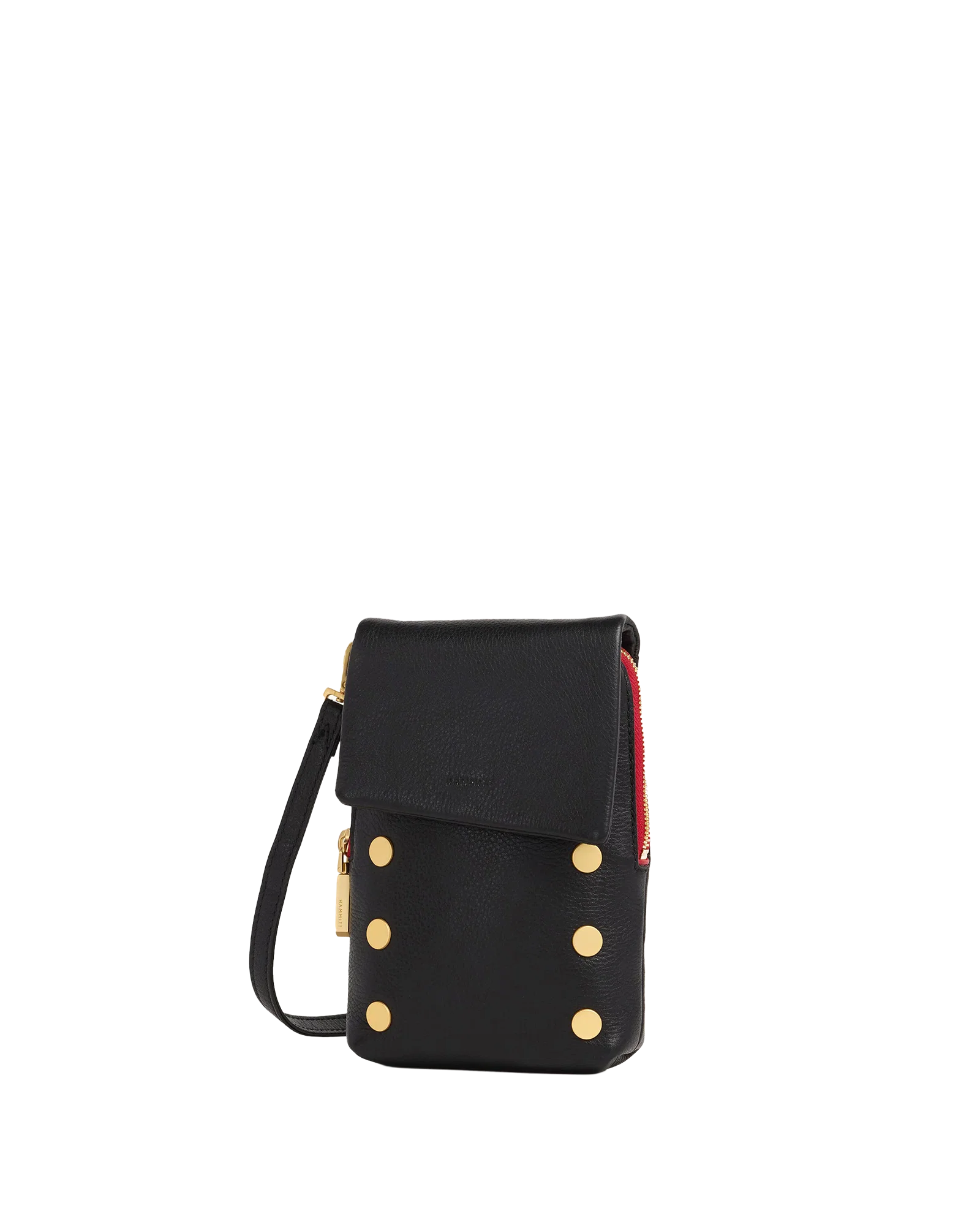 Hammitt VIP Mobile black pebbled leather crossbody handbag with brushed gold hardware and red zipper accents.