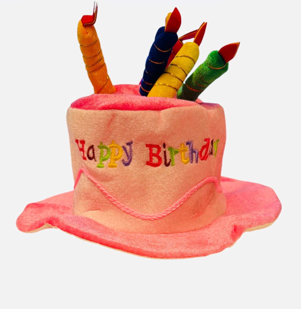 Plush birthday cake party hat with colorful Happy Birthday embroidery and candle toppers.