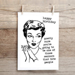 Funny birthday card with humorous “senior that bites people” message, 5x7 folded linen cardstock card with envelope and blank inside.