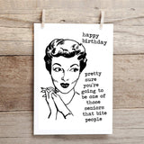 Funny birthday card with humorous “senior that bites people” message, 5x7 folded linen cardstock card with envelope and blank inside.