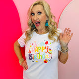 White Happy Birthday graphic tee with colorful festive design