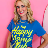 Royal blue Happy Mama Club tee with oversized lime green lettering.