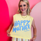 Butter yellow cropped tank with blue happy mother mad love graphic
