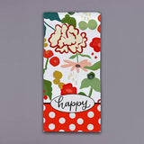 Floral tea towel with red flowers, green accents, polka dot border, and happy script detail