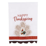 Thanksgiving tea towel with embroidered turkey, elegant “Happy Thanksgiving” text, and scalloped decorative trim.