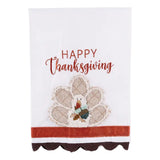 Thanksgiving tea towel with embroidered turkey, elegant “Happy Thanksgiving” text, and scalloped decorative trim.