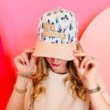 He’s Hunting cap with duck print, pink polka dot brim, and embroidered text.