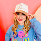 Hello Darlin Hat with white base, mocha accents, polka dot bill, and embroidered text.
