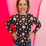 Black sheer mesh top with baseball graphics, sporty long sleeve game day shirt