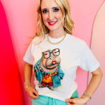 Colorful Hippo Jewel Collared Tee with oversized hand-set rhinestones on preshrunk cotton tee.