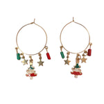 Gold hoop earrings with enamel Christmas trees, gold stars, and red and green bead charms.