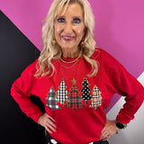 Red Christmas pullover with five patterned tree appliqués, shimmering sequins and gold star.