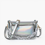 Clear crossbody bag with holographic trim, chain strap, and removable inner pouch