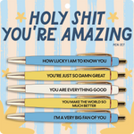 Set of five pens featuring funny, heartfelt compliments and encouraging messages for someone special.