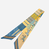 Silky horse patchwork scarf tie with blue, cream, and equestrian print design