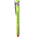 Green Hot Mess Express pen with black lettering and touchscreen stylus.