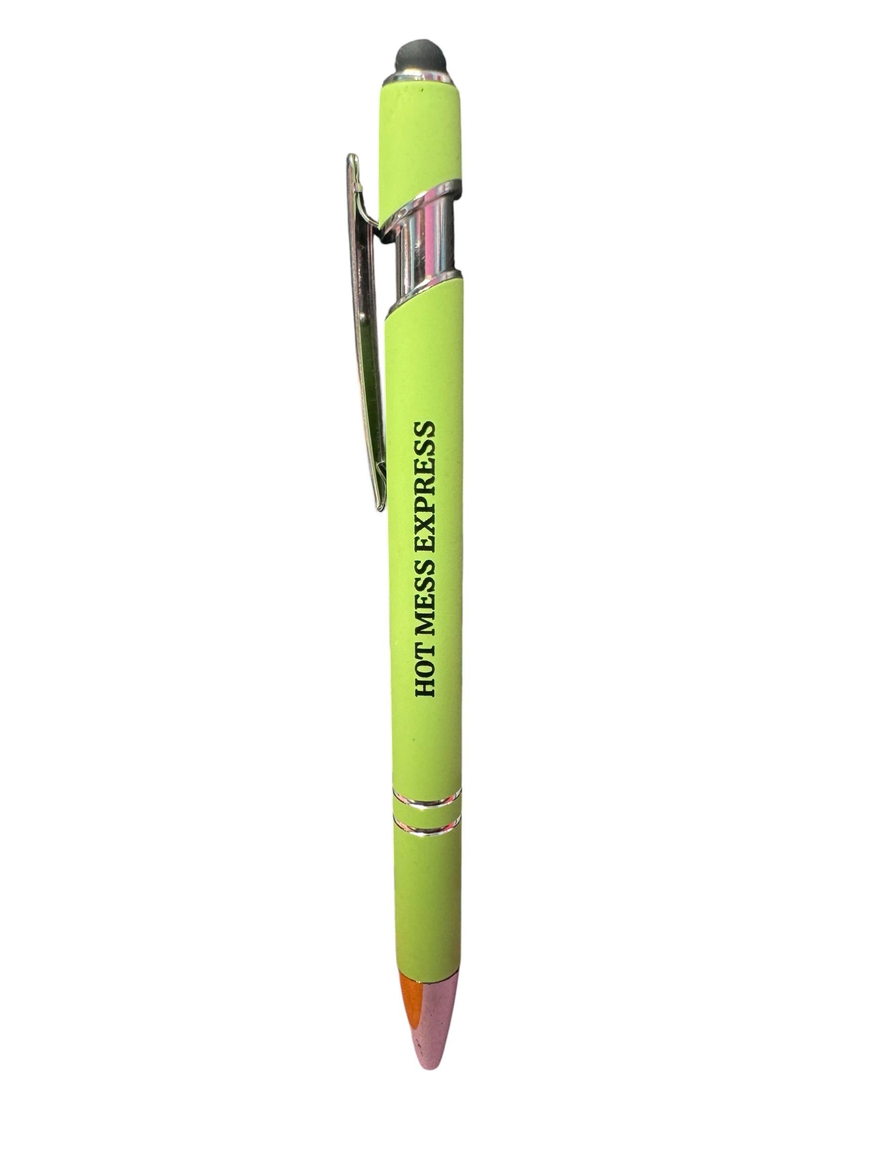 Green Hot Mess Express pen with black lettering and touchscreen stylus.