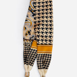 Houndstooth paisley scarf necklace with golden accents, oversized pearl, and sparkling magnetic closure.