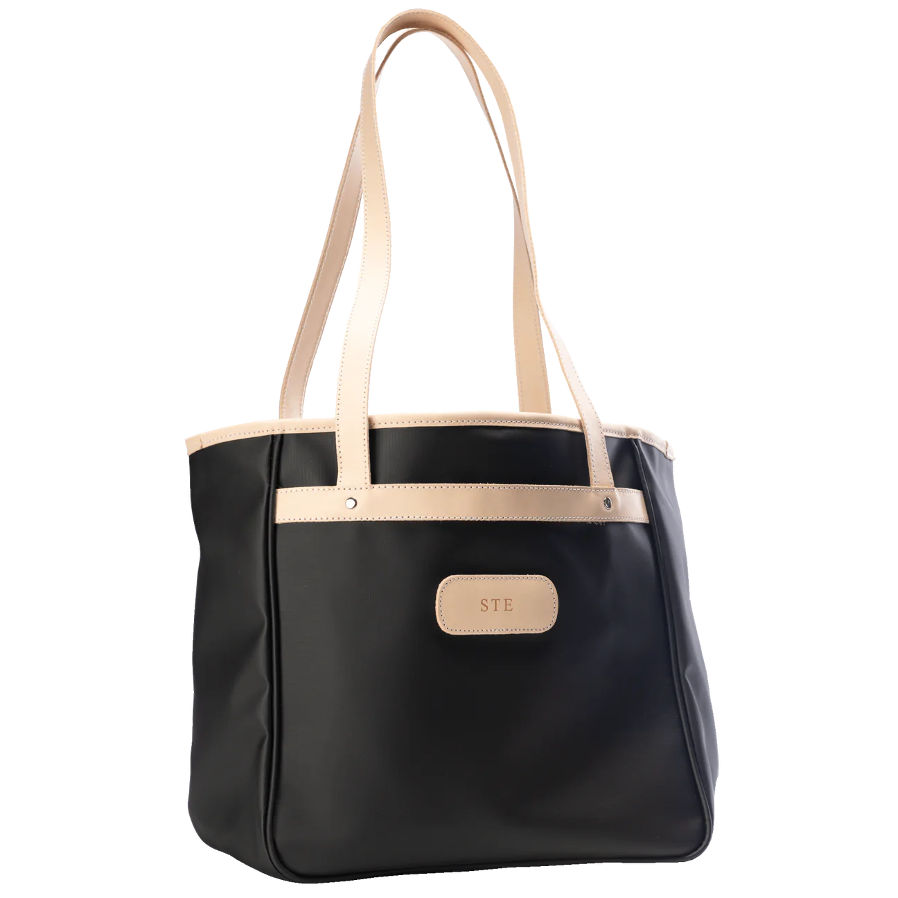 Jon Hart Amelia Tote in black coated canvas with natural leather trim, padded laptop sleeve, trolley sleeve, and spacious interior pockets