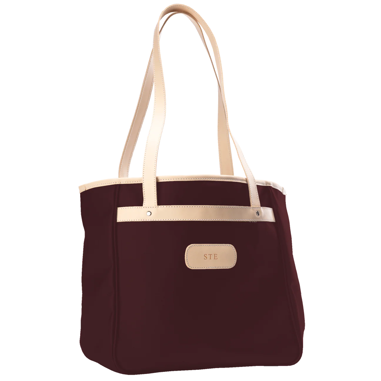 Jon Hart Amelia Tote in burgundy coated canvas with natural leather trim, padded laptop sleeve, trolley sleeve, and spacious interior pockets