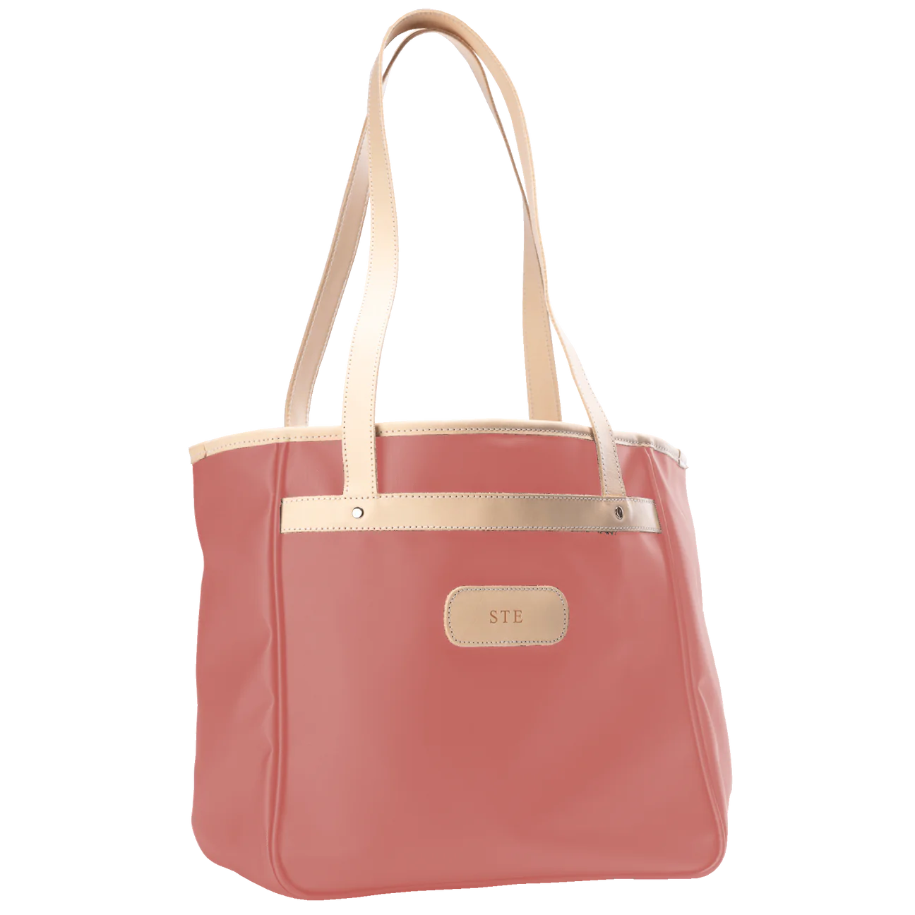 Jon Hart Amelia Tote in coral coated canvas with natural leather trim, padded laptop sleeve, trolley sleeve, and spacious interior pockets