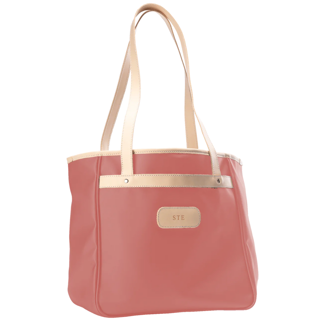 Jon Hart Amelia Tote in coral coated canvas with natural leather trim, padded laptop sleeve, trolley sleeve, and spacious interior pockets